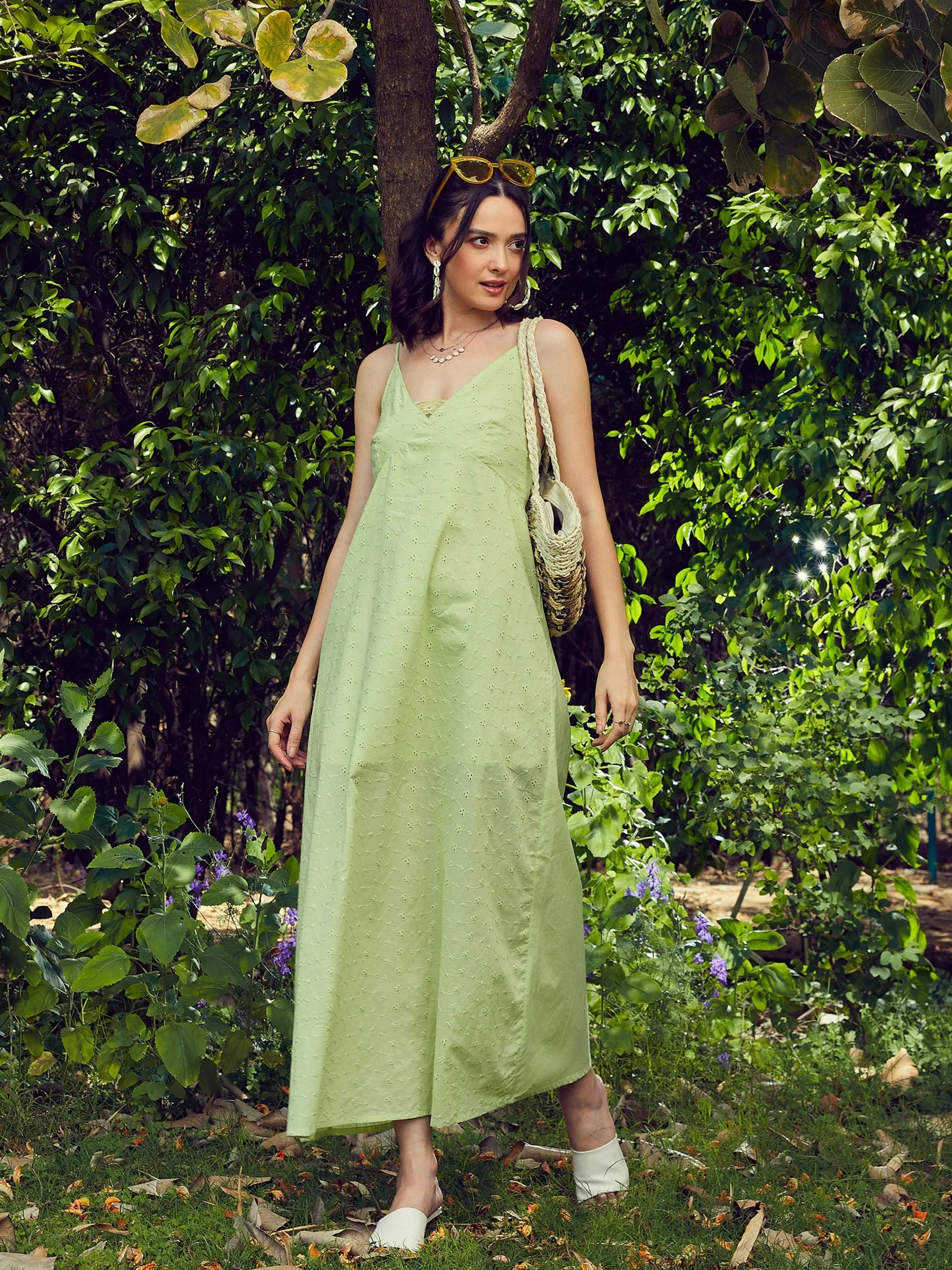 Lime Green Maxi Dress - Cotton Schiffli Indian Cotton Dresses
