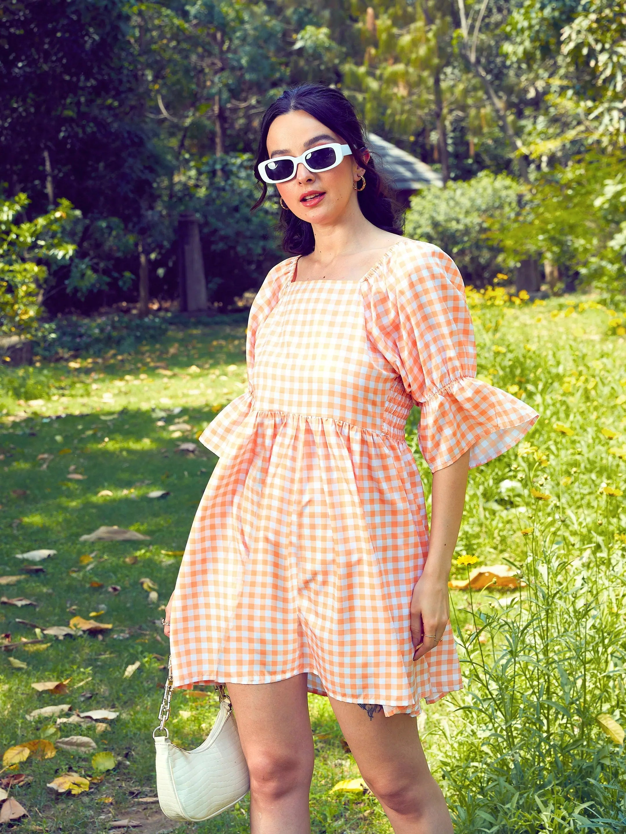Peach Check Puff Sleeve Dress | Women's Printed Mini Dress