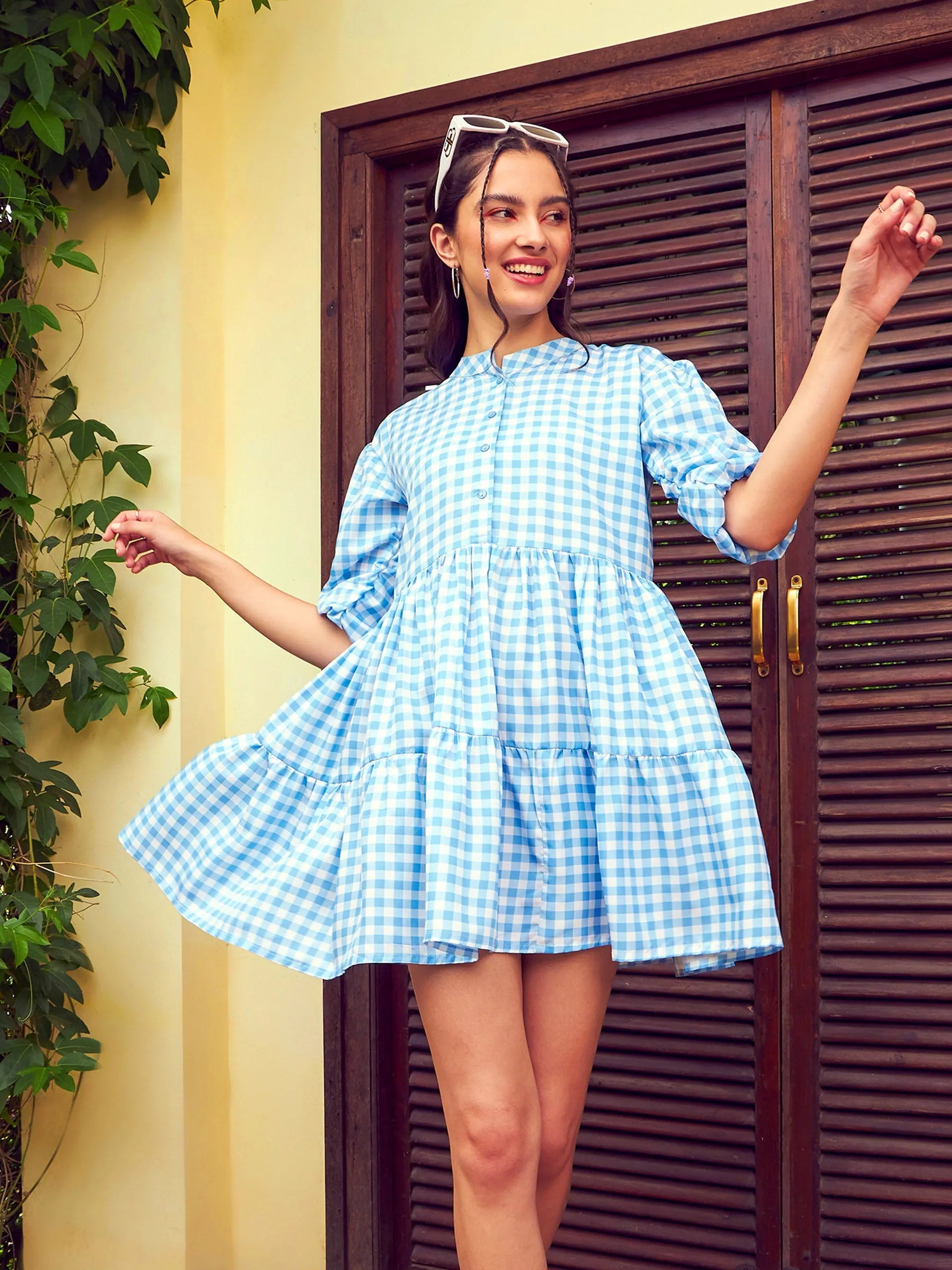 Blue Check Tiered Mini Dress | Women's Festive Lehenga Style