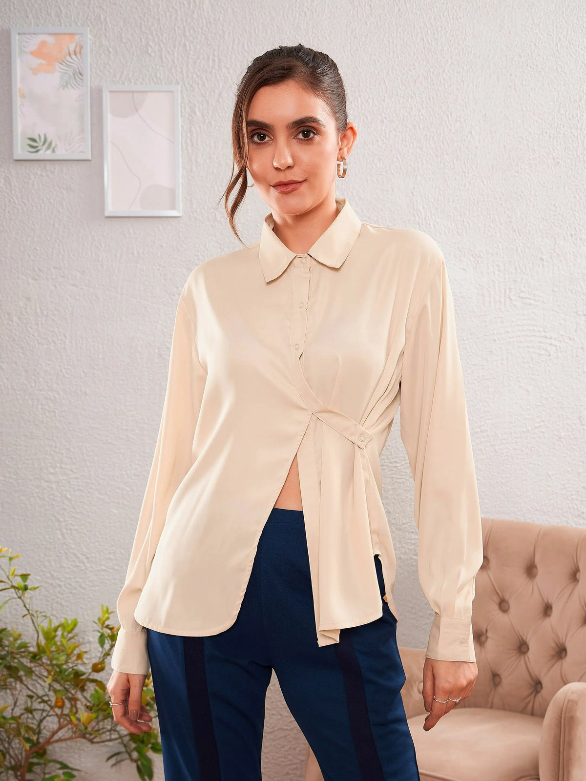 Women Beige Satin Satin Turn-Down Collar Blouse