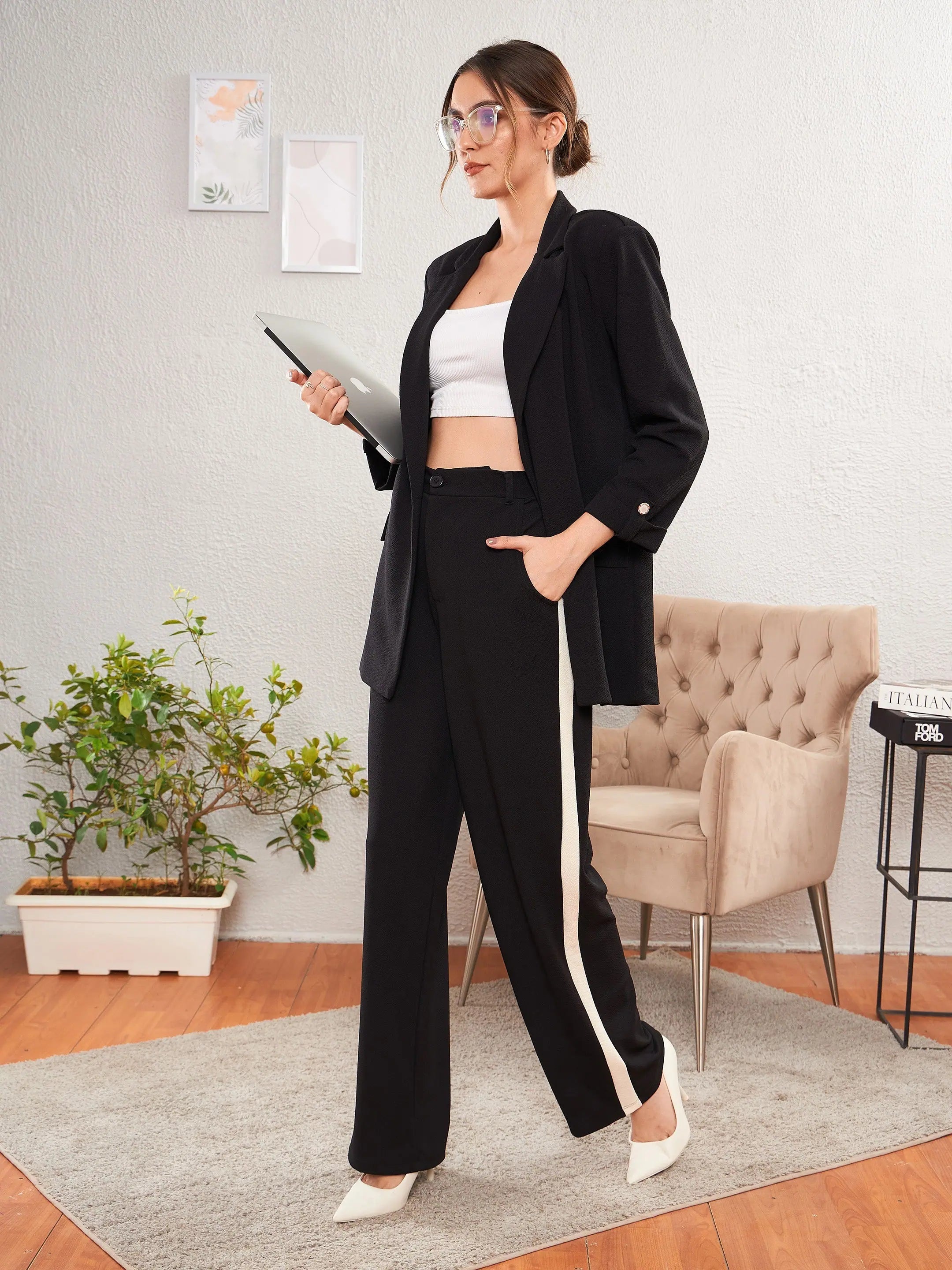 Black Women's Jumpsuit Set | Longline Blazer & Side Tape Pants