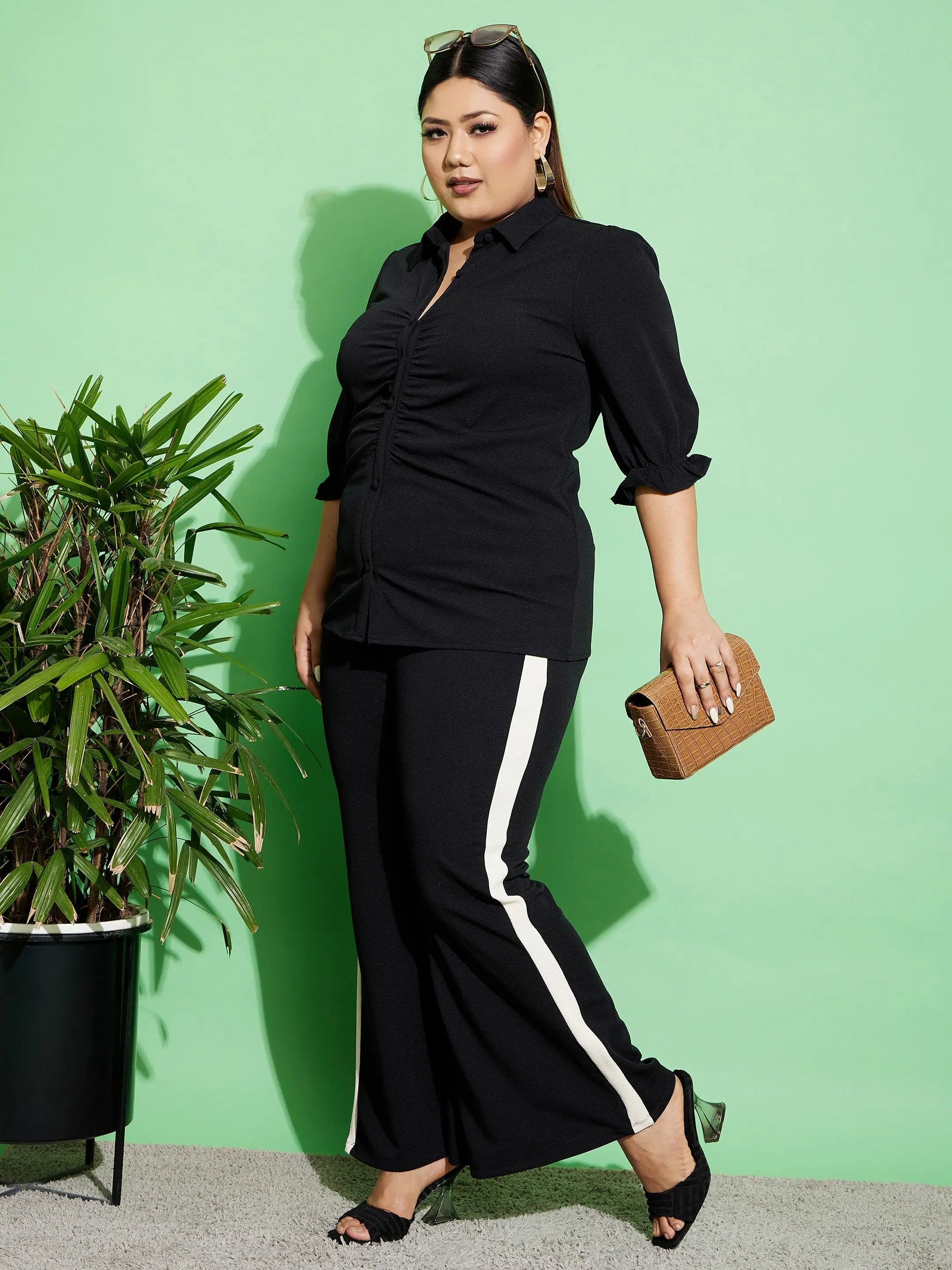Women's Black Jumpsuit Set - Ruched Shirt & Side Tape Pants