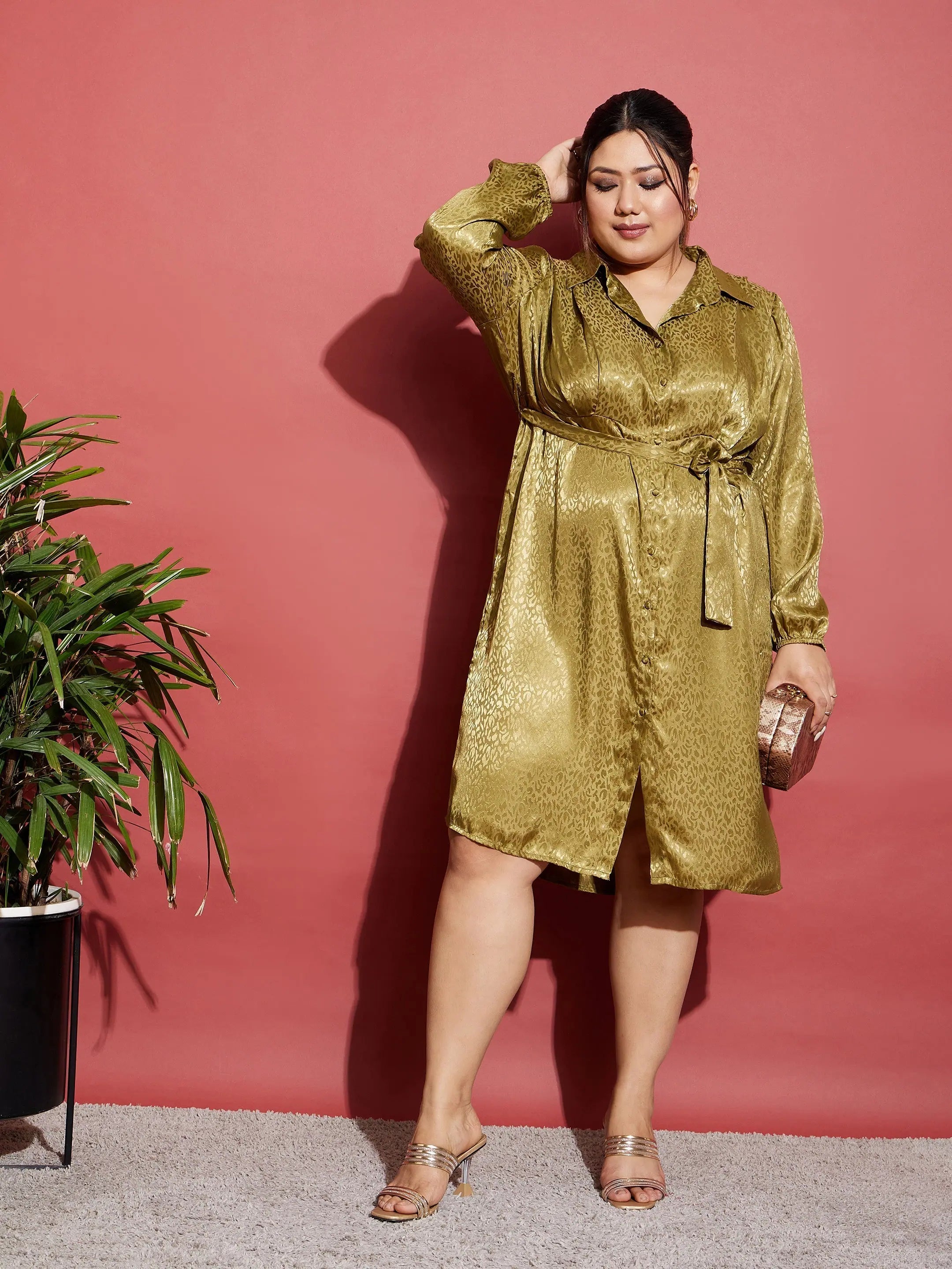 Olive Satin Jacquard Belted Shirt Dress - Western Outfits