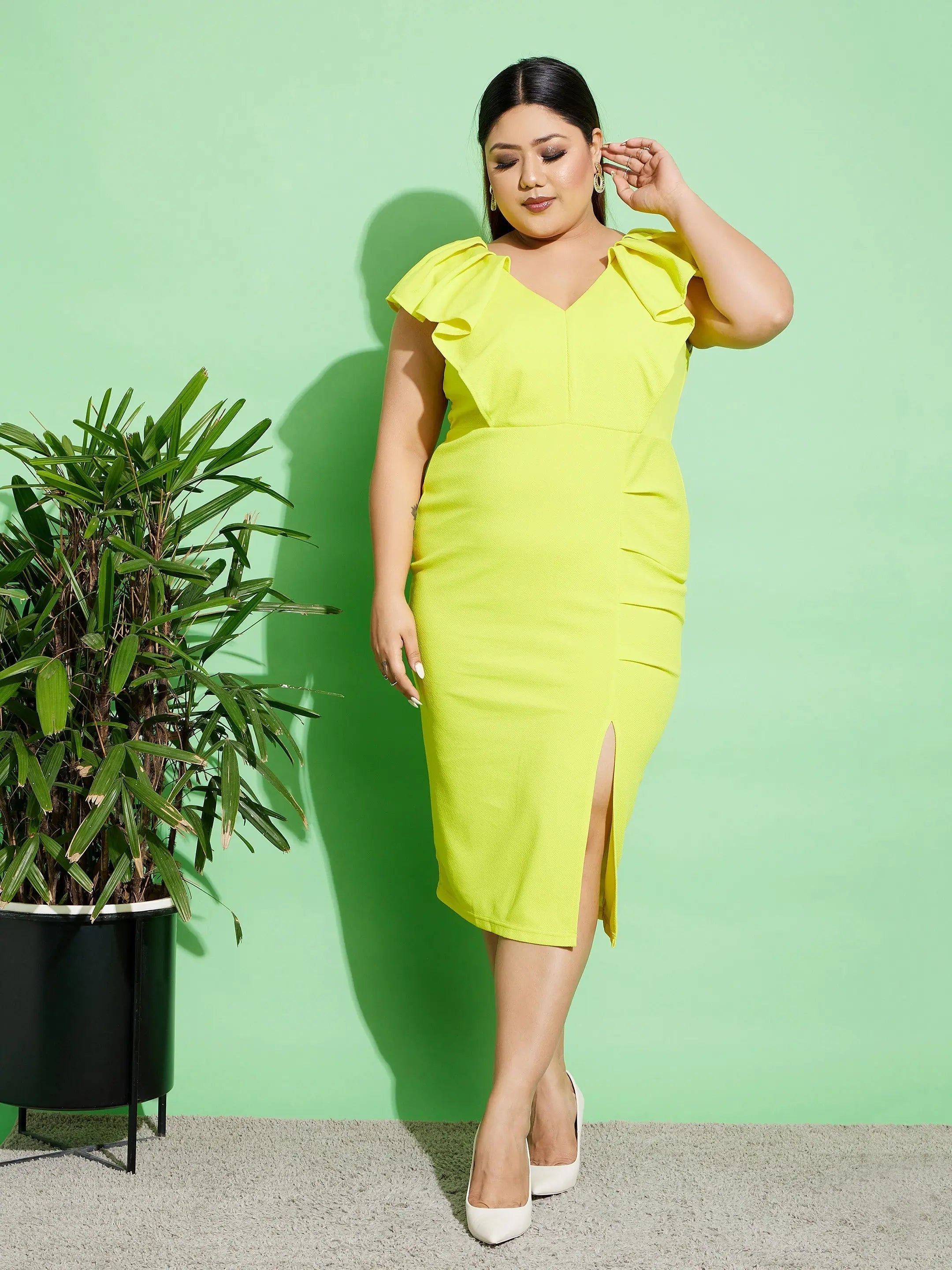 Neon Yellow Ruffled Bodycon Dress - Women's Party Wear