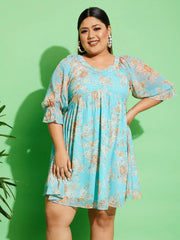 Women Blue Floral Chiffon Back Detail Skater Dress