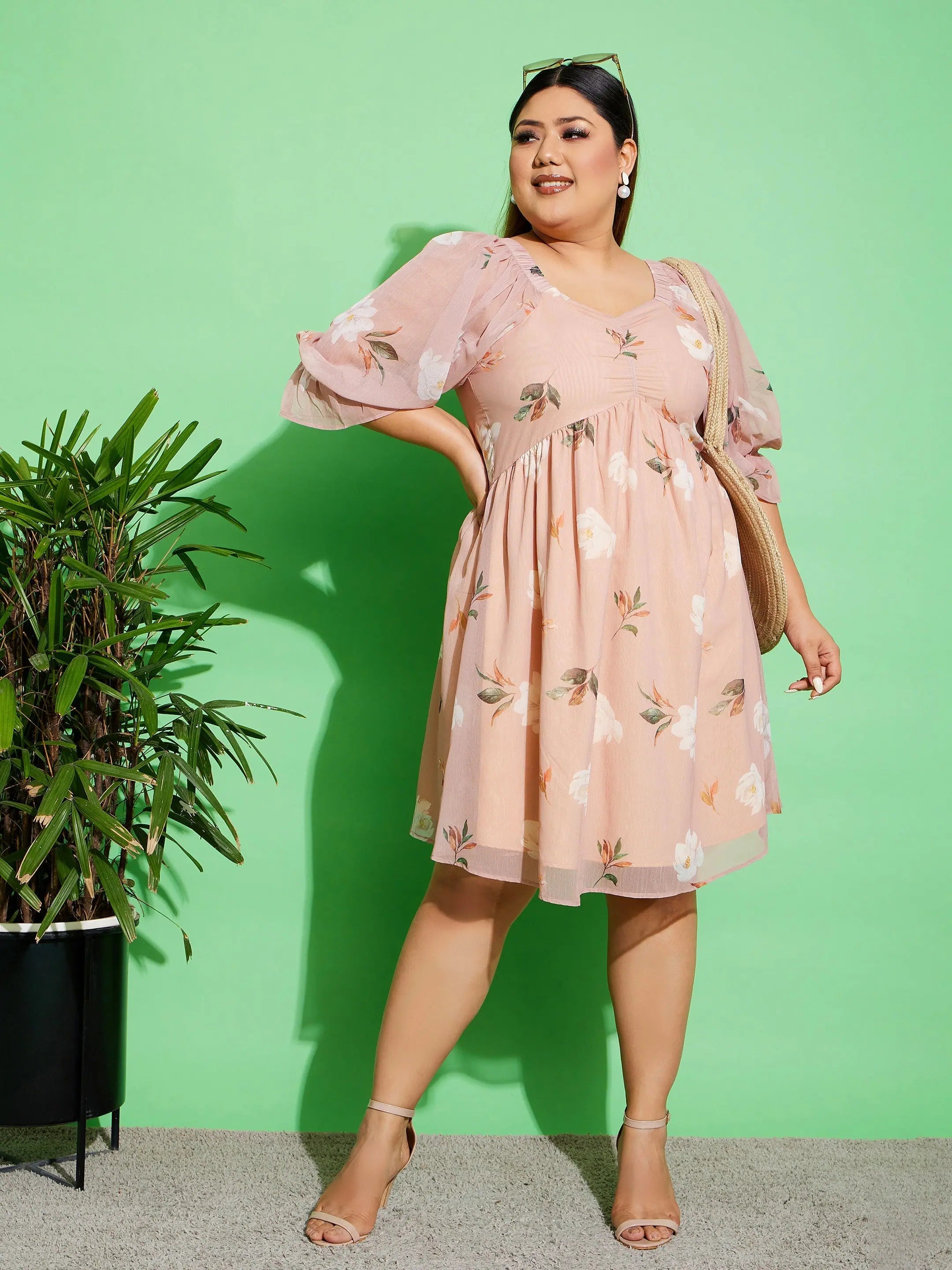 Beige Floral Chiffon Skater Dress | Back Detail & Fit