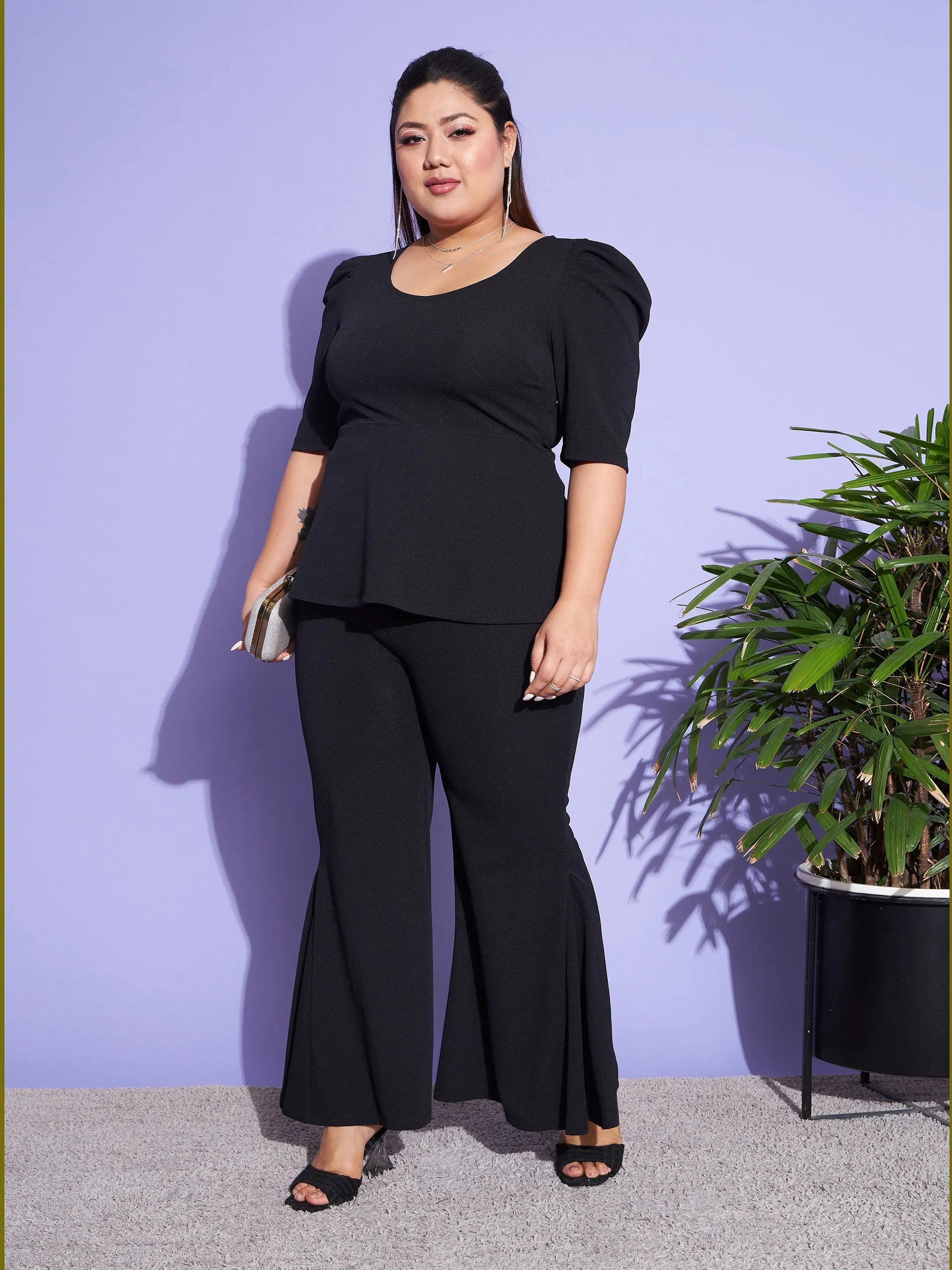 Black Jumpsuit & Set - Women's Peplum Top & Pants Outfit
