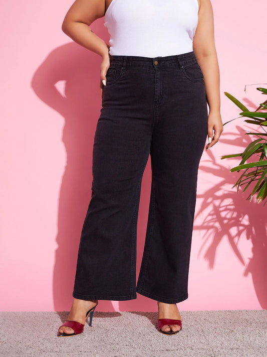 Women Black Acid Wash Denim Bell Bottom Jeans 2160