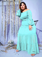 Women Turquoise Blue Off Shoulder Tiered Belted Maxi Dress