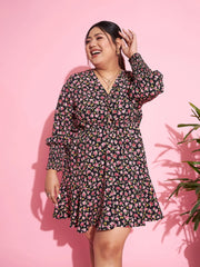 Women Black Floral Smocked Sleeves Cut-out Skater Dress