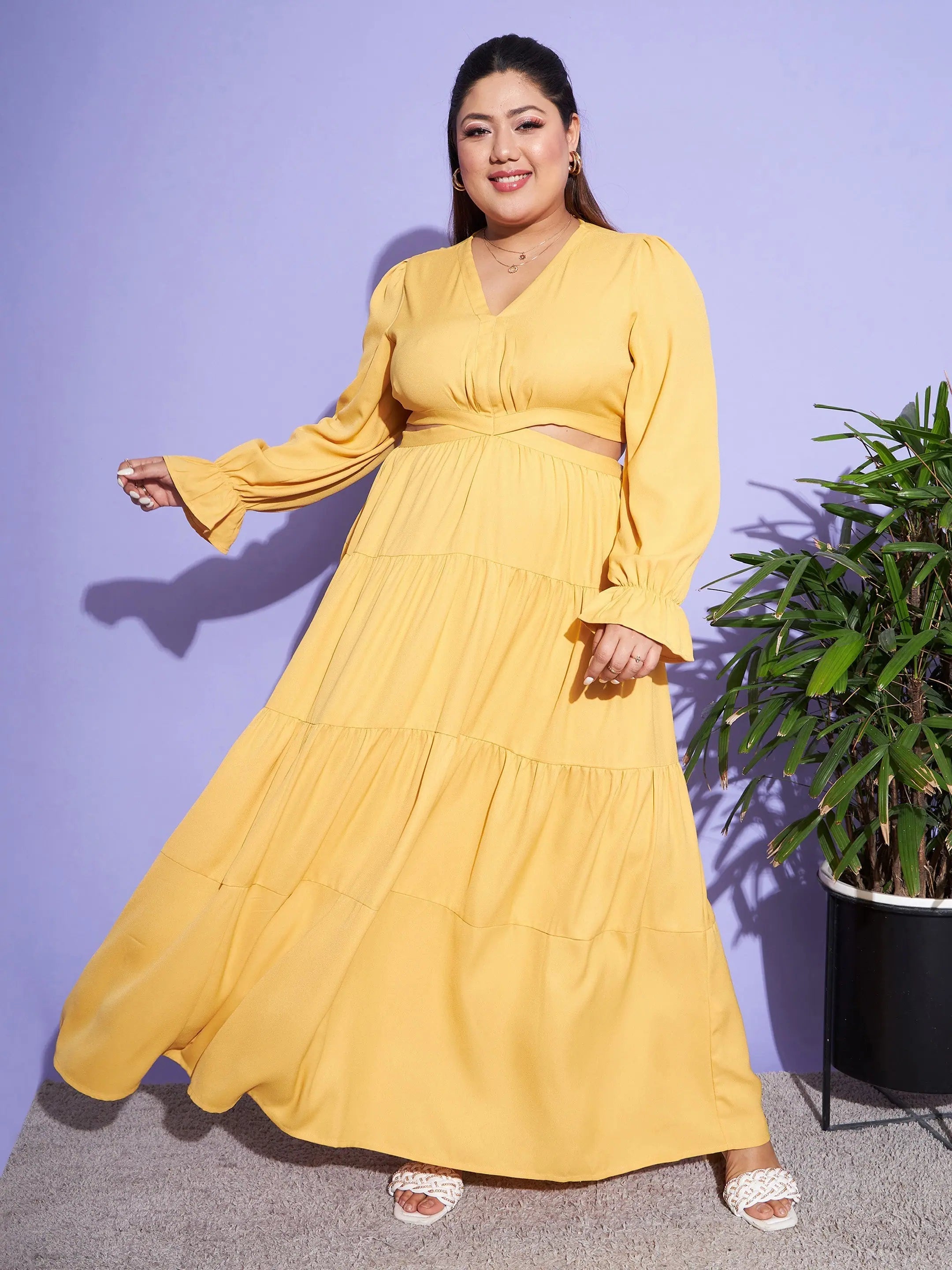 Mustard Cut-Out Maxi Dress | Traditional Indian Lehenga Style