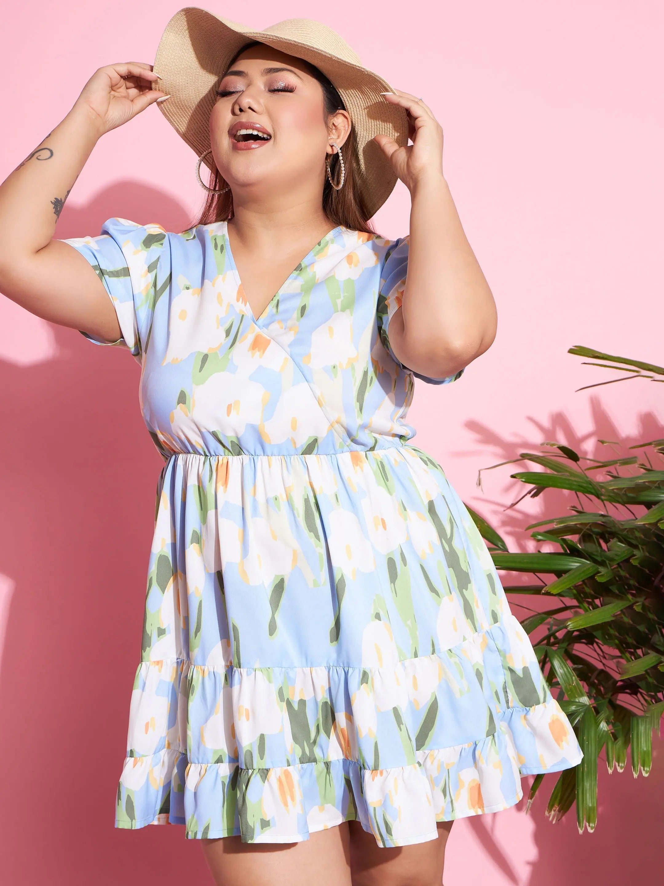 Blue Floral Short Wrap Dress | Women's Printed Dress