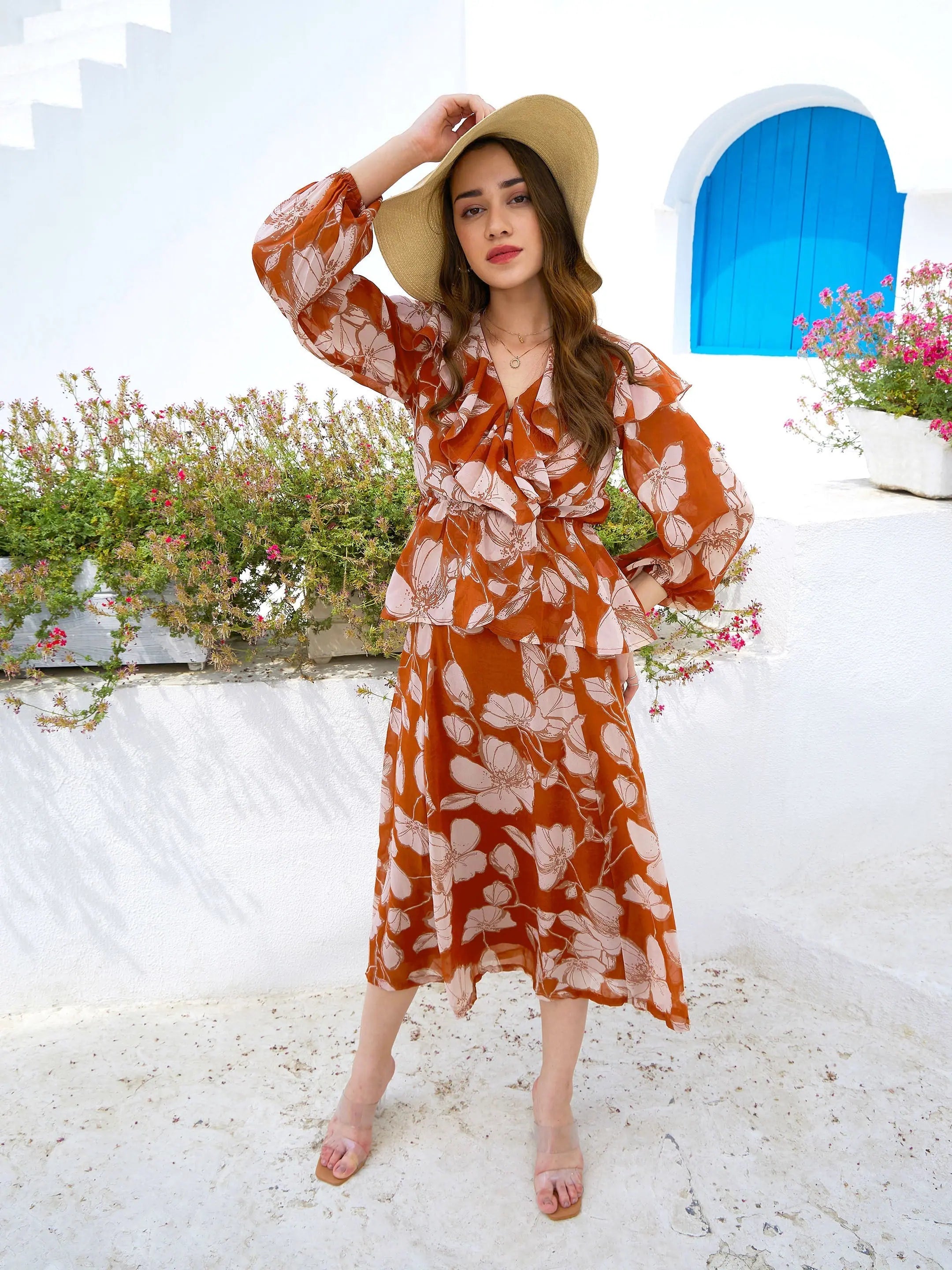 Brown Printed Jumpsuit Set - Women's Fit & Flare Style