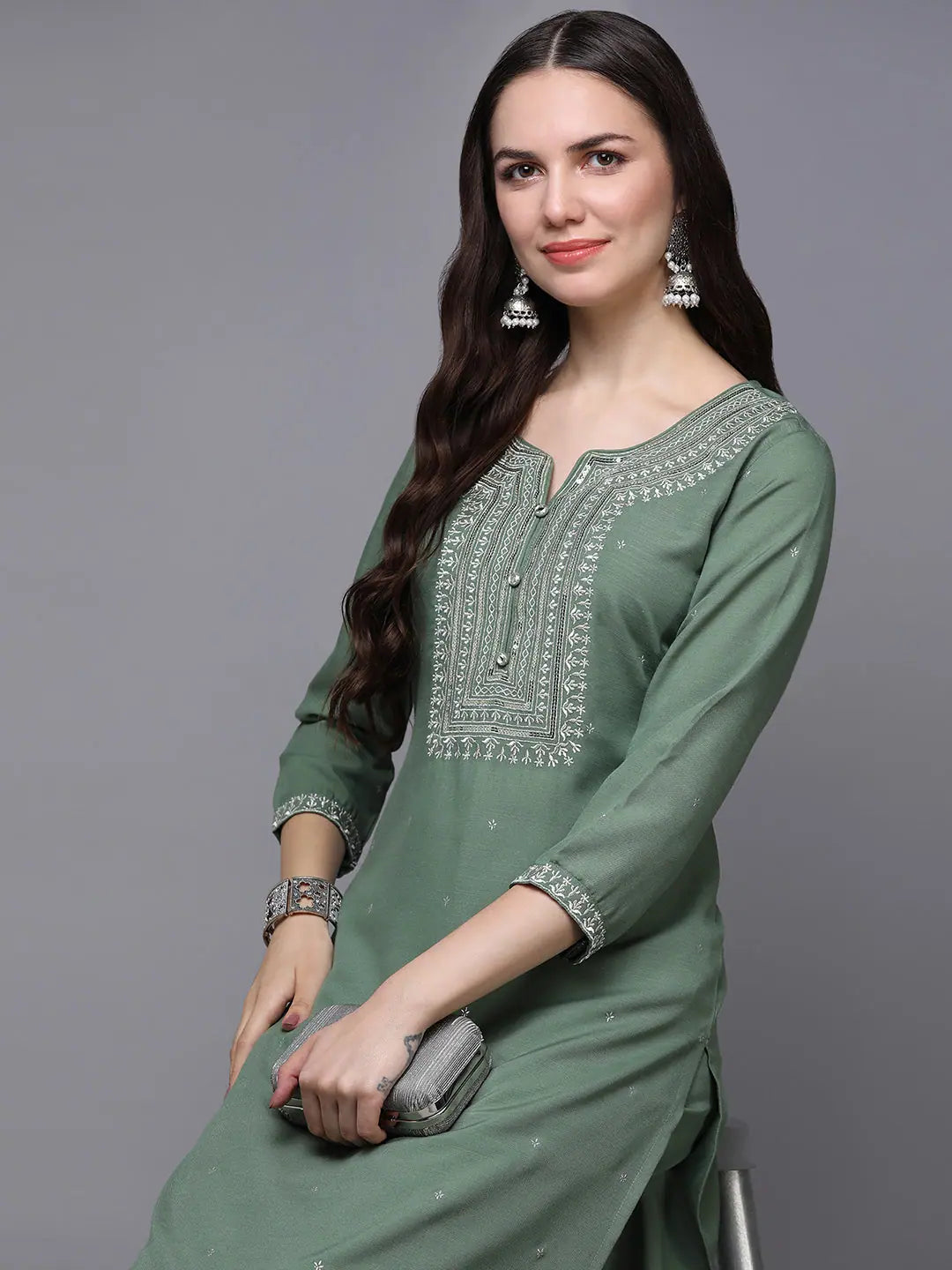 Green Embroidered Silk Kurta Set - Designer Women's Kurta Sets