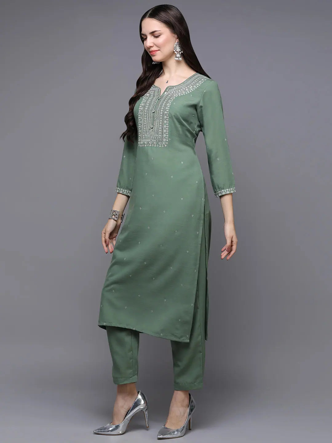 Green Embroidered Silk Kurta Set - Designer Women's Kurta Sets