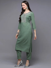 Silk Blend Green Embroidered Straight Kurta With Trouser