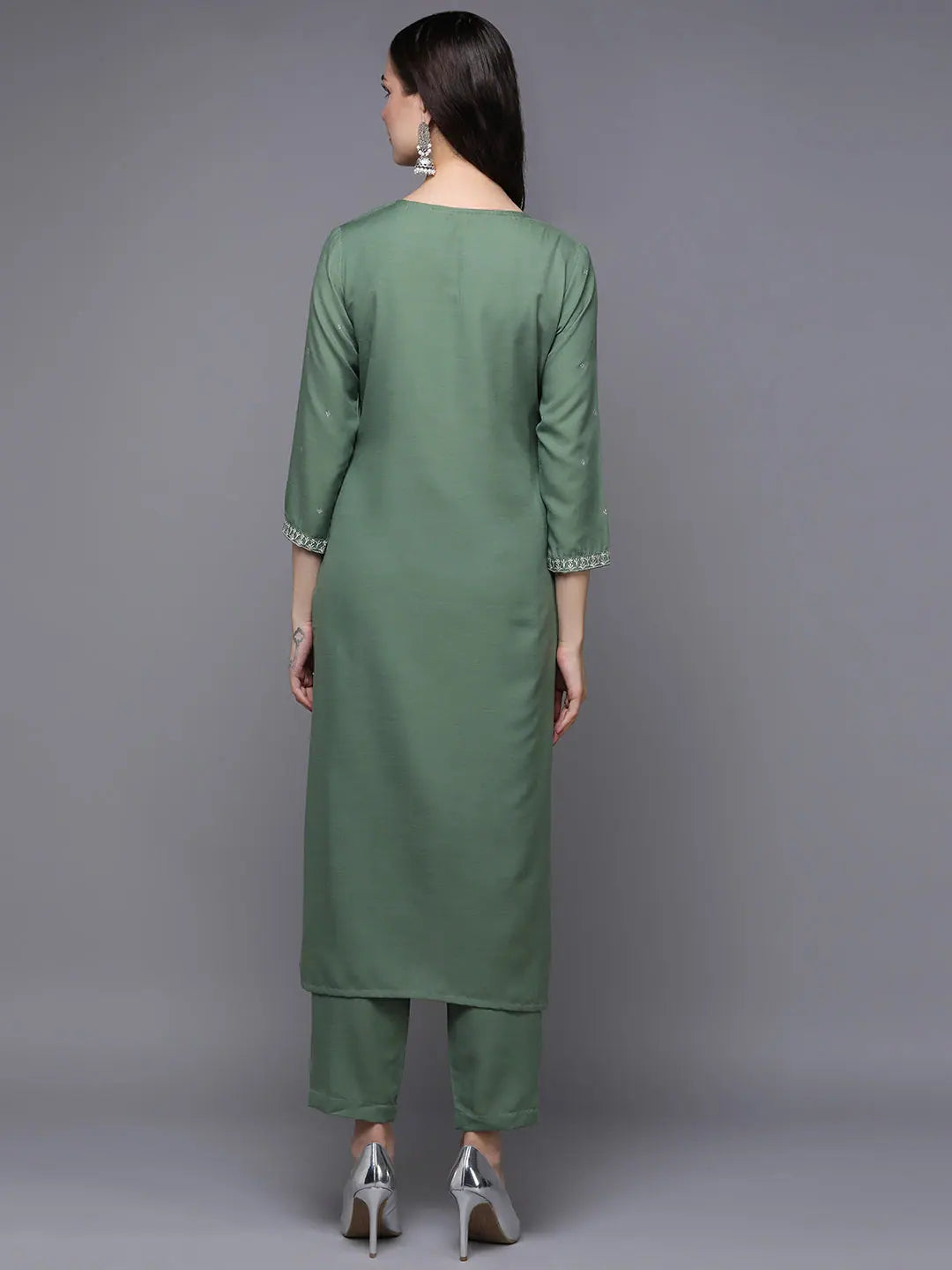 Green Embroidered Silk Kurta Set - Designer Women's Kurta Sets