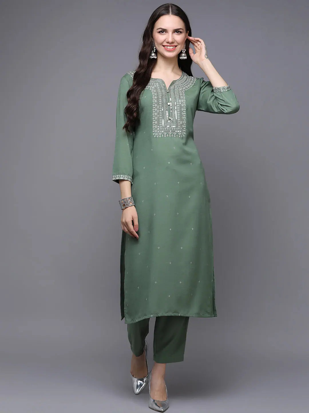 Green Embroidered Silk Kurta Set - Designer Women's Kurta Sets
