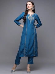 Silk Blend Blue Embroidered Straight Kurta With Trouser-VKSET1447_XS