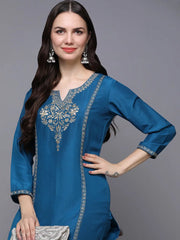Silk Blend Blue Embroidered Straight Kurta With Trouser-VKSET1447_XS