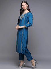 Silk Blend Blue Embroidered Straight Kurta With Trouser-VKSET1447_XS