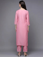 Silk Blend Pink Embroidered Straight Kurta With Trouser-VKSET1448_XS