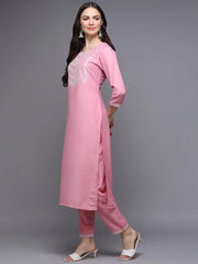Silk Blend Pink Embroidered Straight Kurta With Trouser-VKSET1448_XS