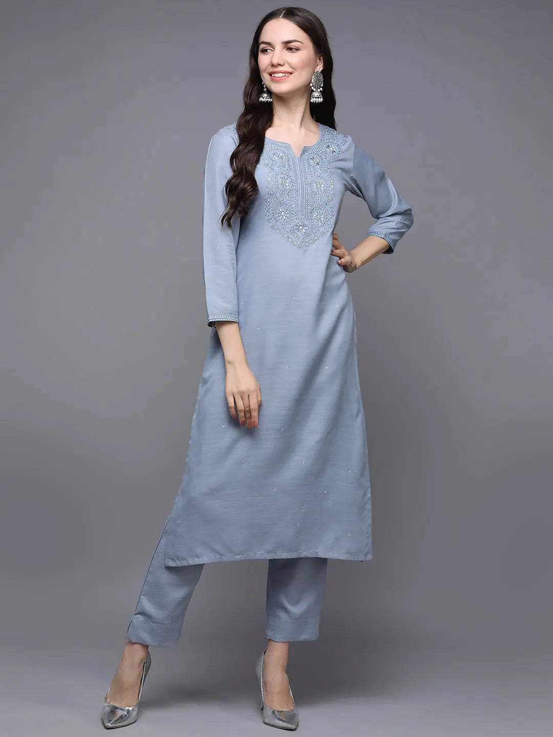 Blue Embroidered Cotton Kurta Set - Women's Indian Kurta Sets