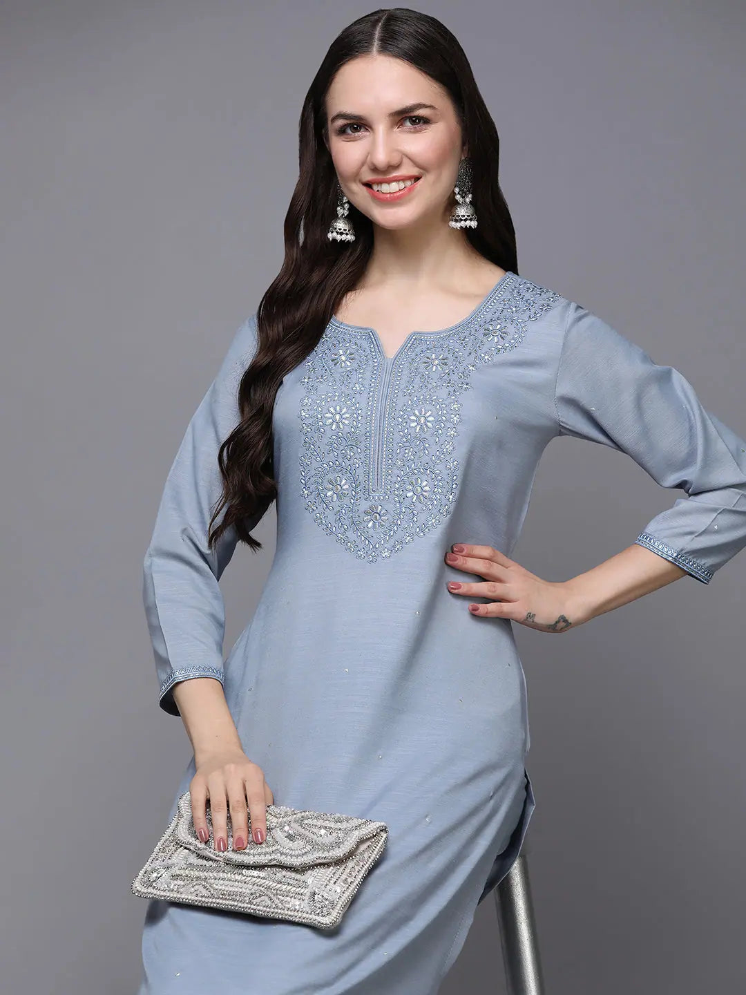 Blue Embroidered Cotton Kurta Set - Women's Indian Kurta Sets