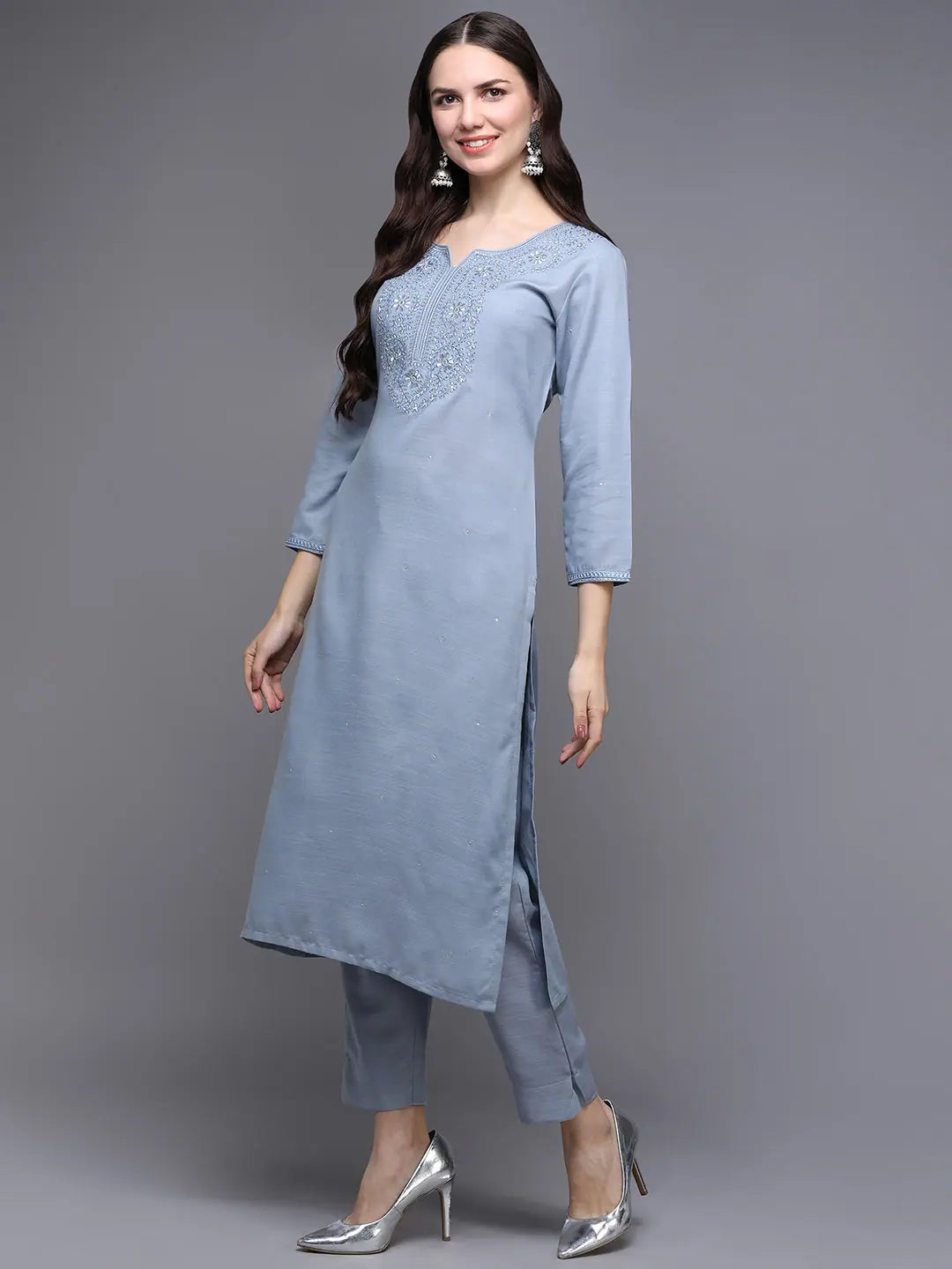 Blue Embroidered Cotton Kurta Set - Women's Indian Kurta Sets