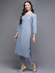 Silk Blend Blue Embroidered Straight Kurta With Trouser-VKSET1449_XS