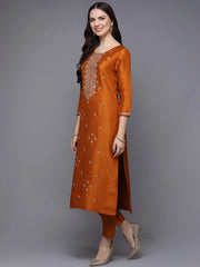 Silk Blend Rust Embroidered Straight Kurta With Trouser