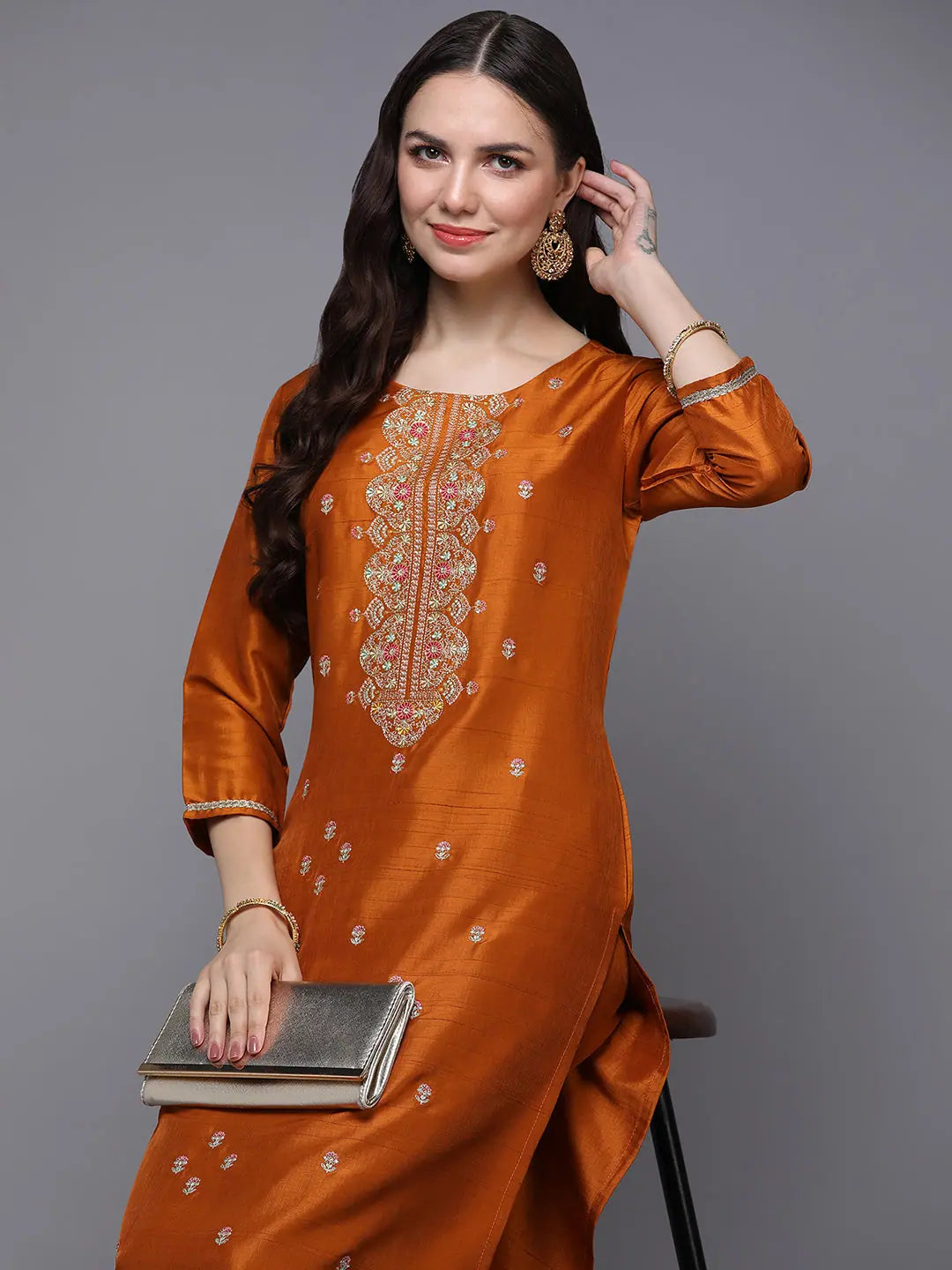 Rust Embroidered Silk Blend Designer Kurta Set | Ahika