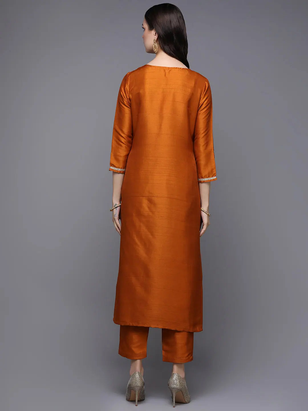 Rust Embroidered Silk Blend Designer Kurta Set | Ahika