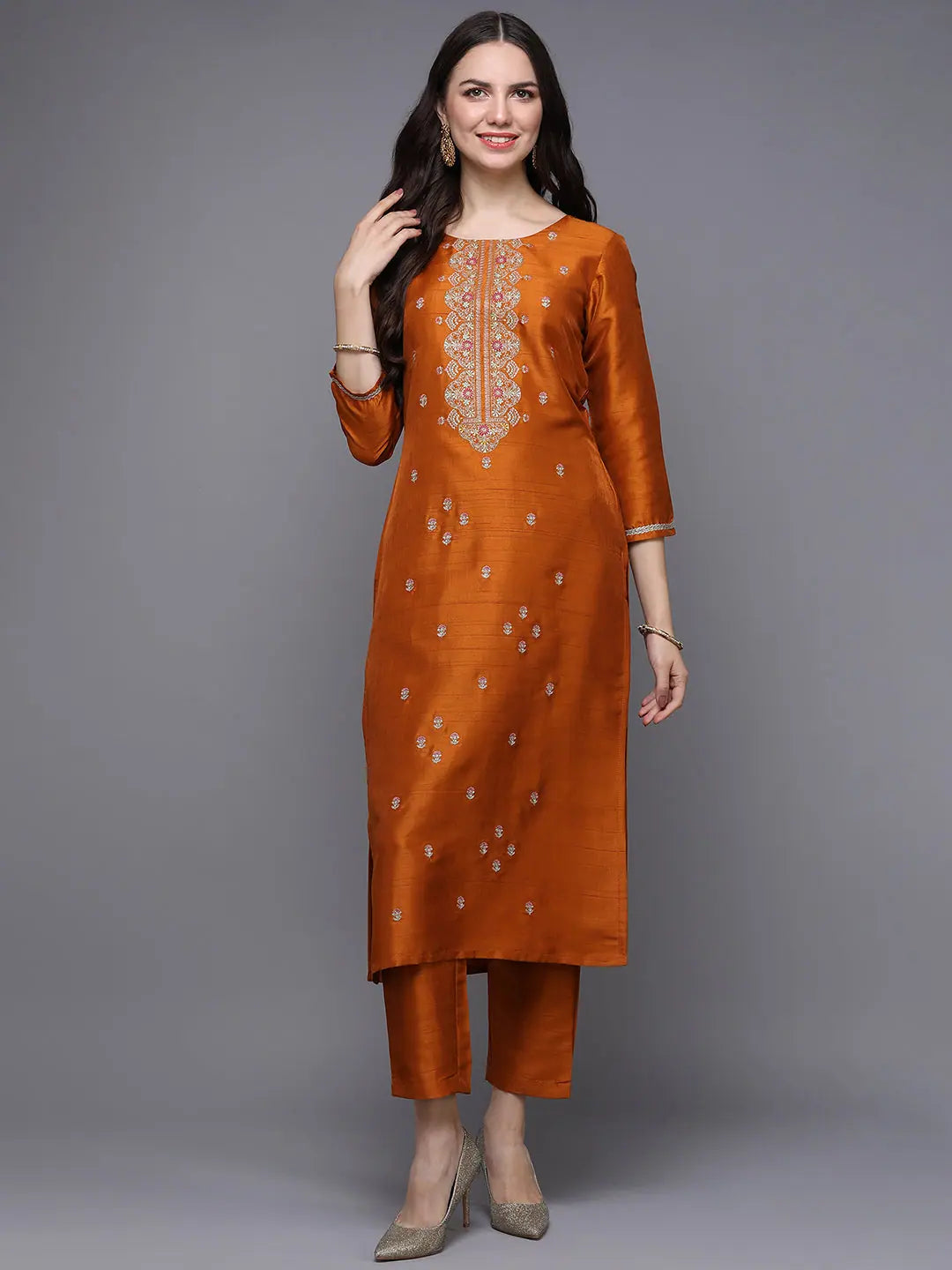 Rust Embroidered Silk Blend Designer Kurta Set | Ahika