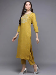 Silk Blend Yellow Embroidered Straight Kurta With Trouser-VKSET1456_XS