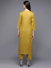 Silk Blend Yellow Embroidered Straight Kurta With Trouser-VKSET1456_XS