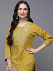 Silk Blend Yellow Embroidered Straight Kurta With Trouser-VKSET1456_XS