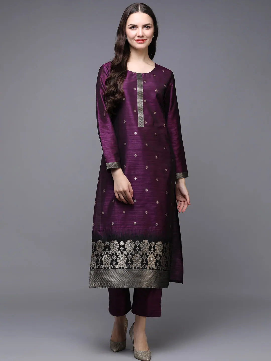 Violet Silk Blend Jacquard Women's Kurta Set | Indian Kurta Sets
