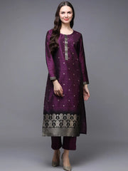 Silk Blend Violet Jacquard Straight Kurta With Trouser