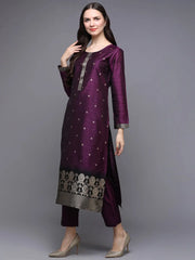 Silk Blend Violet Jacquard Straight Kurta With Trouser