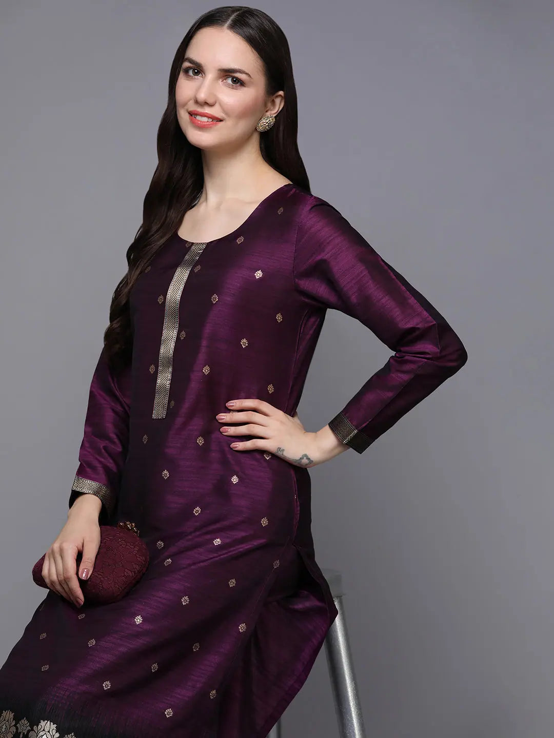 Violet Silk Blend Jacquard Women's Kurta Set | Indian Kurta Sets