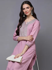 Silk Blend Pink Embroidered Straight Kurta With Trouser-VKSET1457_XS