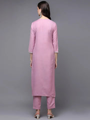 Silk Blend Pink Embroidered Straight Kurta With Trouser-VKSET1457_XS