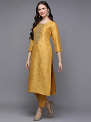 Silk Blend Yellow Embroidered Straight Kurta With Trouser-VKSET1451_XS