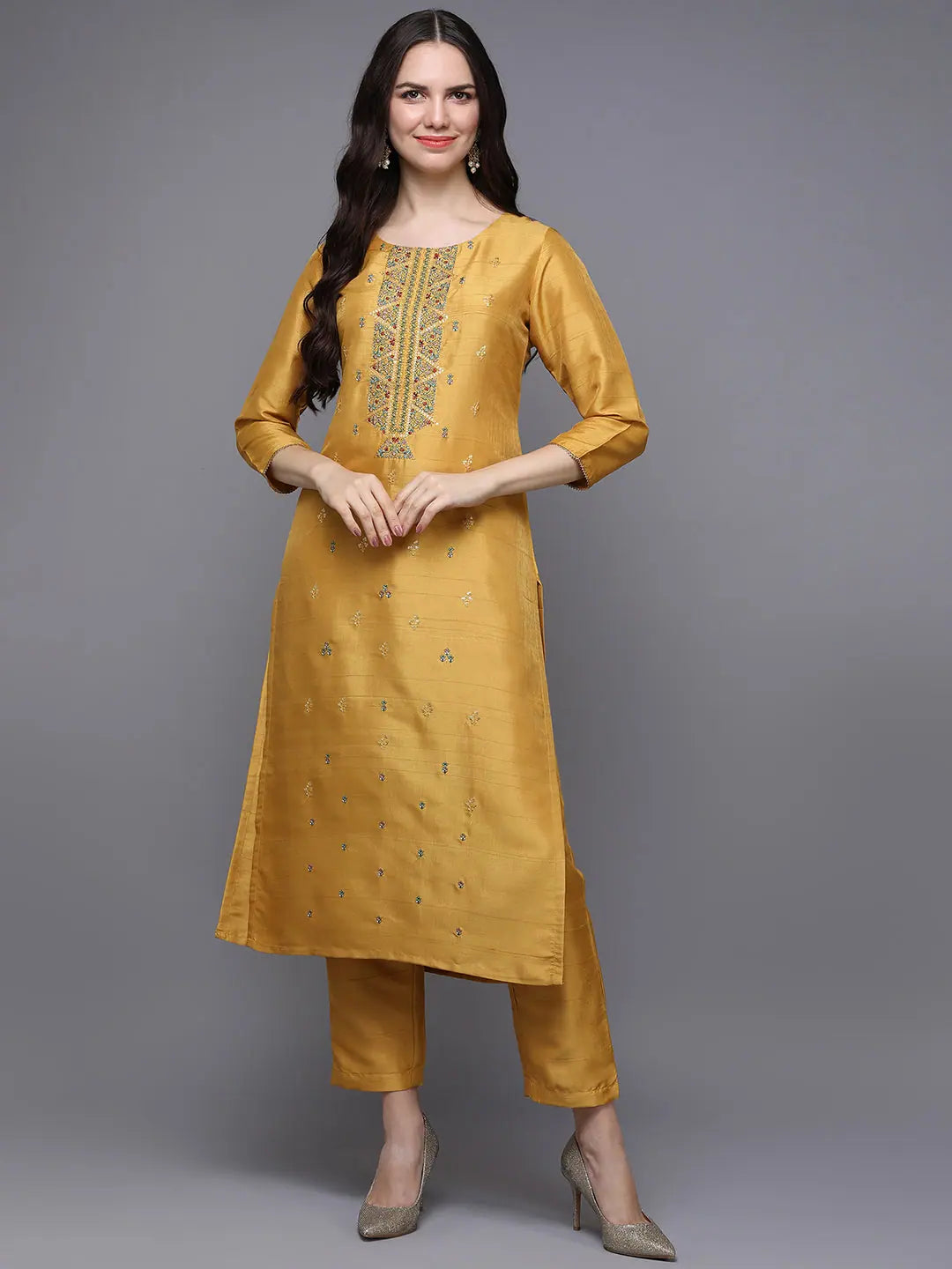 Yellow Silk Embroidered Kurta Set | Indian Women's Kurta Sets