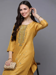 Silk Blend Yellow Embroidered Straight Kurta With Trouser-VKSET1451_XS