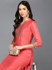 Silk Blend Pink Embroidered Straight Kurta With Trouser-VKSET1464_XS