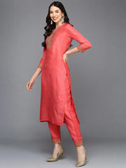Silk Blend Pink Embroidered Straight Kurta With Trouser-VKSET1464_XS