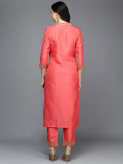 Silk Blend Pink Embroidered Straight Kurta With Trouser-VKSET1464_XS